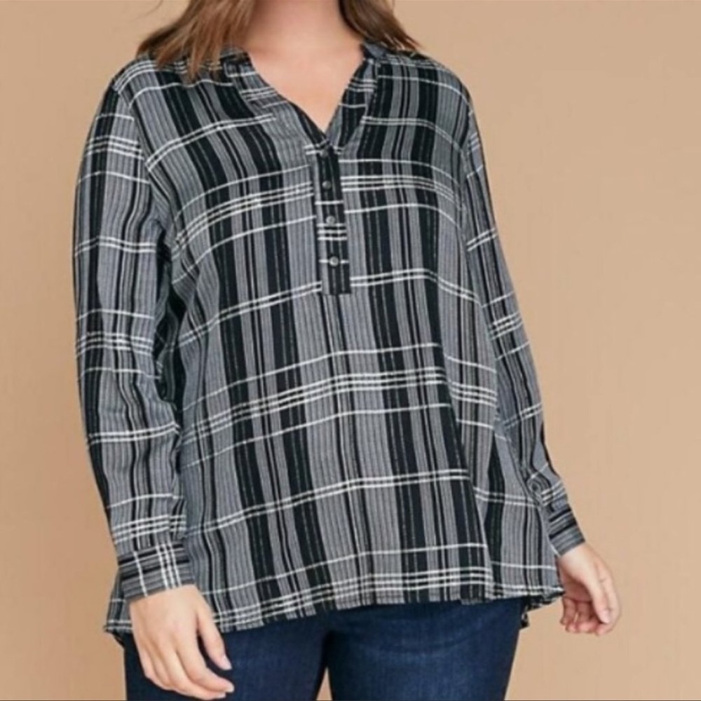 Lane Bryant Plaid Peplum Blouse Women’s 18/20 Black White Metallic 3/4 Sleeve